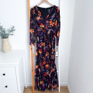 Adrianna Papell Watercolor Floral Chiffon Gown Long Dress Black Side Slit New